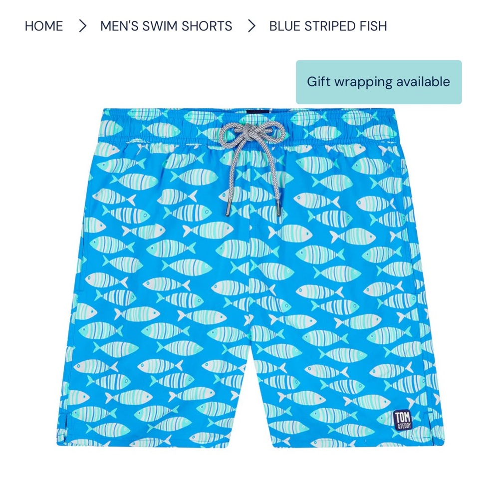 NWT Tom & Teddy Blue Striped Fish Print Men's Swim Shorts